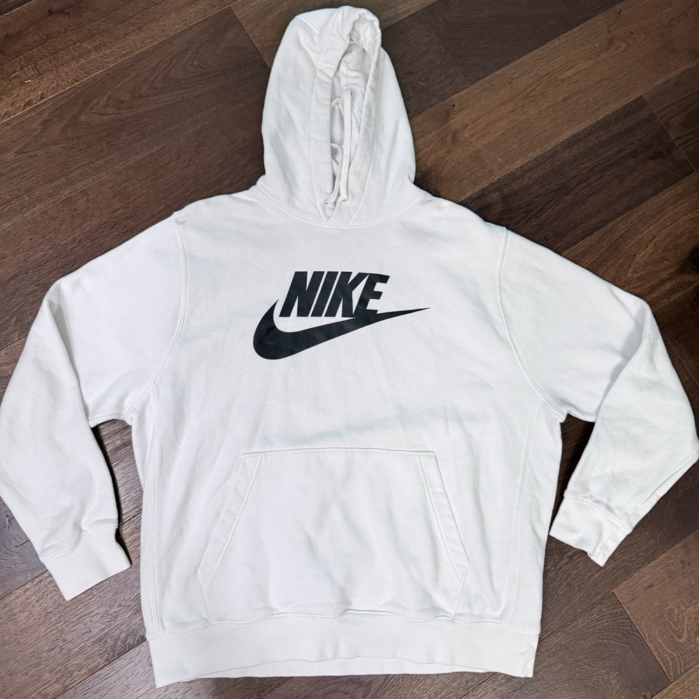 Nike Sportswear Club Fleece Men's XL White Pullover Hoodie Black Logo Swoosh